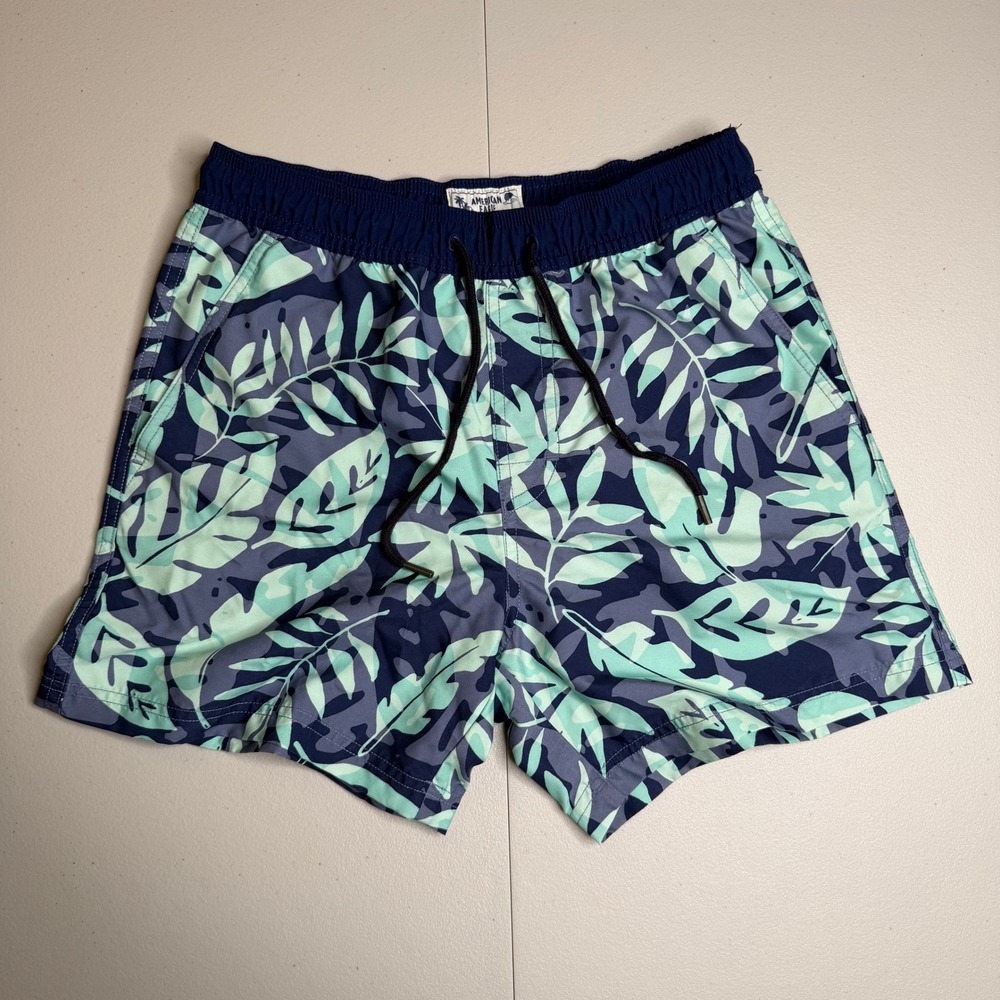 American Eagle Mens XS Tropical Leaf Swim Trunks Navy Teal 5 Inch Inseam Shorts